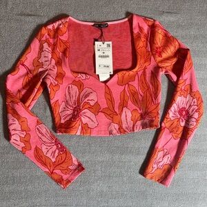 NWT Zara Jacquard Long Sleeve Crop Top Size Medium